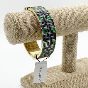 NWT Talbots Blue Green Tartan Enamel Plaid Hinged Bangle Bracelet Average Size
